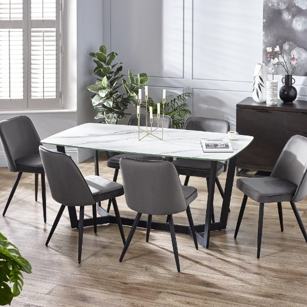 Olympus White Marble Dining Table &amp; 6 Burgess Grey Dining Chairs Roomset