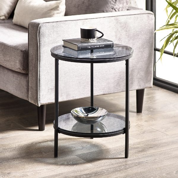 CHICAGO CIRCULAR LAMP TABLE WITH SHELF - SMOKED GLASS