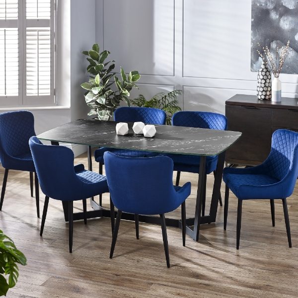 Olympus Black Marble Dining Table &amp; 6 Luxe Blue Chairs Roomset