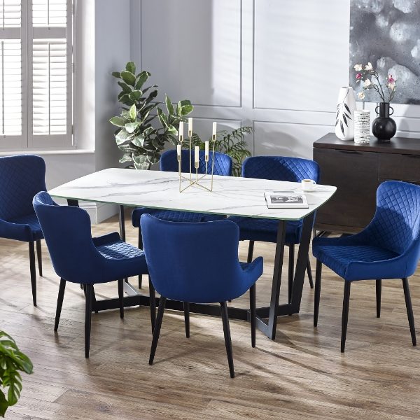 Olympus White Marble Dining Table &amp; 6 Luxe Blue Dining Chairs Roomset